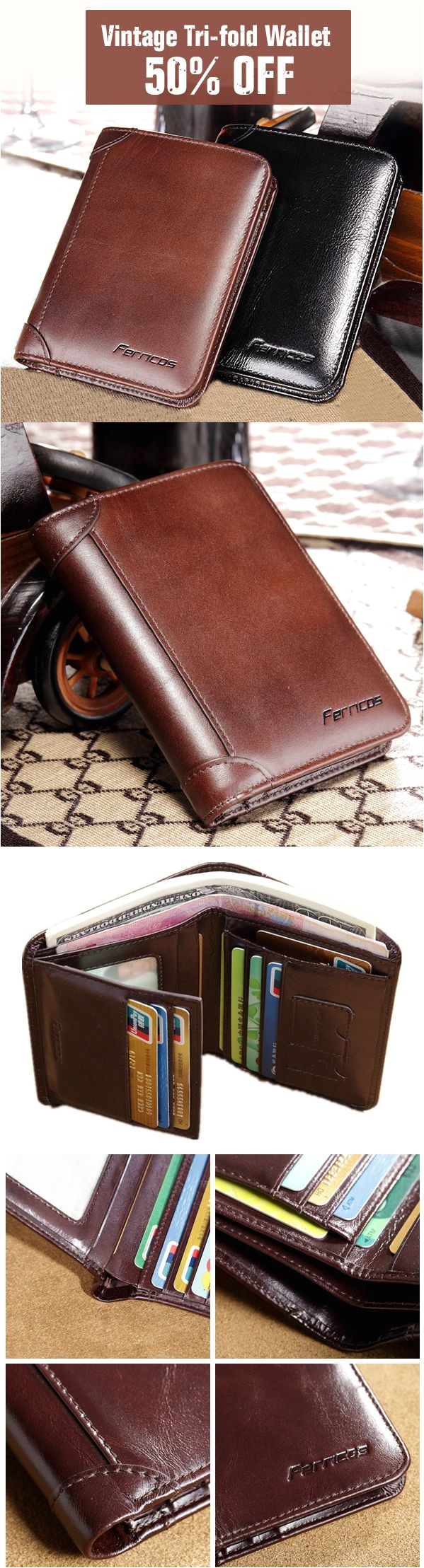 ferricos rfid antimagnetic genuine leather vintage tri fold large capacity short wallet for men