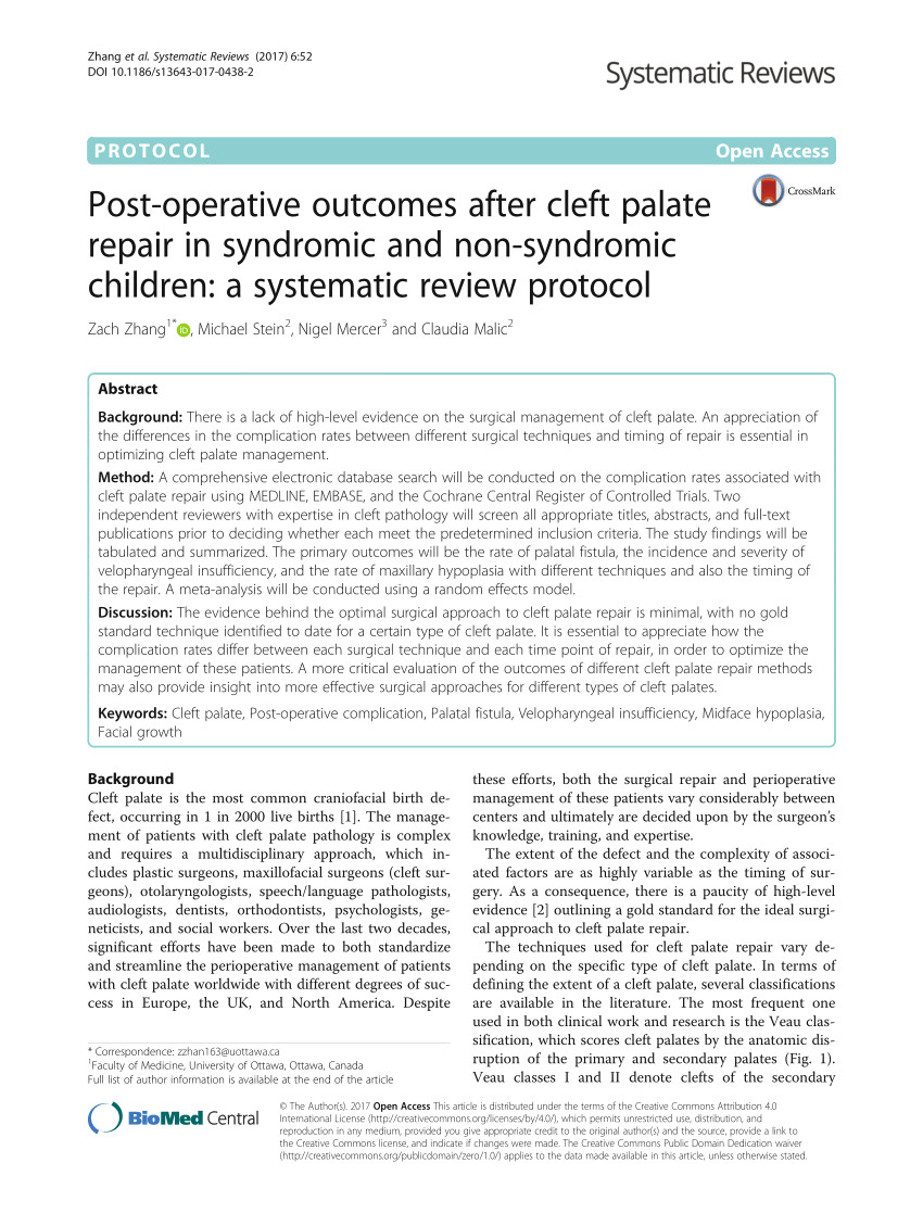 pdf post operative outcomes after cleft palate repair in syndromic and non syndromic children a systematic review protocol