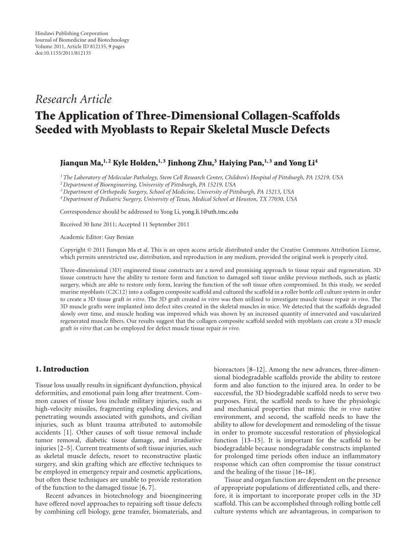 pdf the application of three dimensional collagen scaffolds seeded with myoblasts to repair skeletal muscle defects