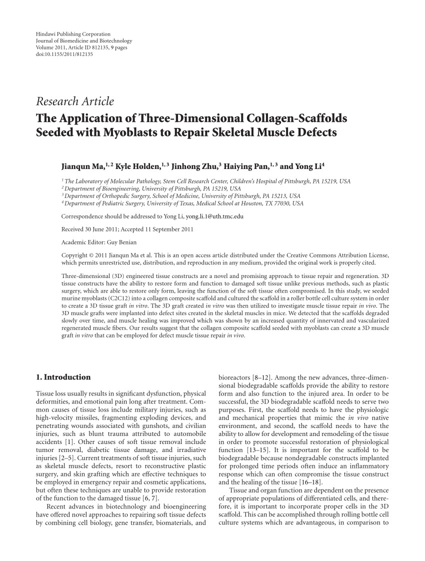 pdf the application of three dimensional collagen scaffolds seeded with myoblasts to repair skeletal muscle defects