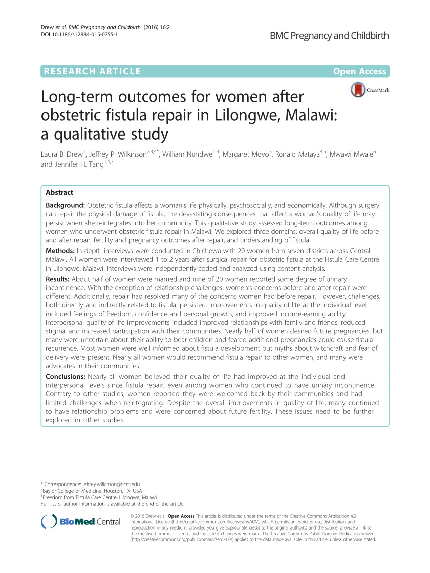 pdf long term outcomes for women after obstetric fistula repair in lilongwe malawi a qualitative study