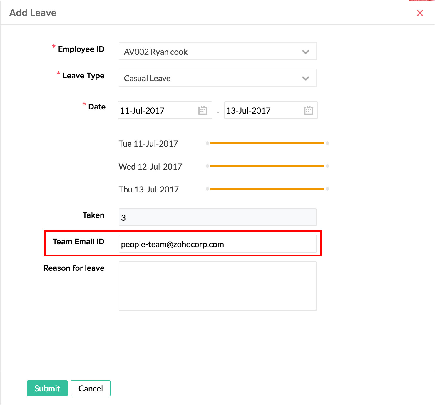 there is an option to notify the team of the person s absence on clicking apply leave an employee is taken to the page as shown in the image below