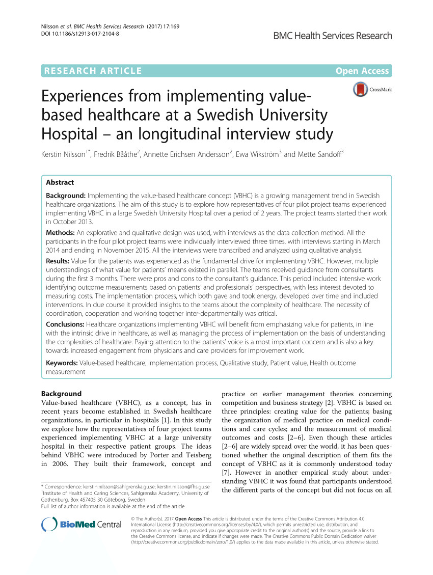 pdf experiences from implementing value based healthcare at a swedish university hospital a longitudinal interview study