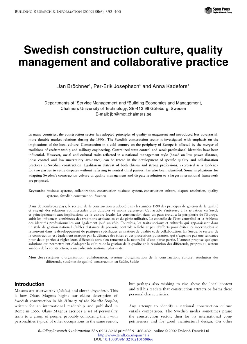 pdf swedish construction culture management and collaborative quality practice