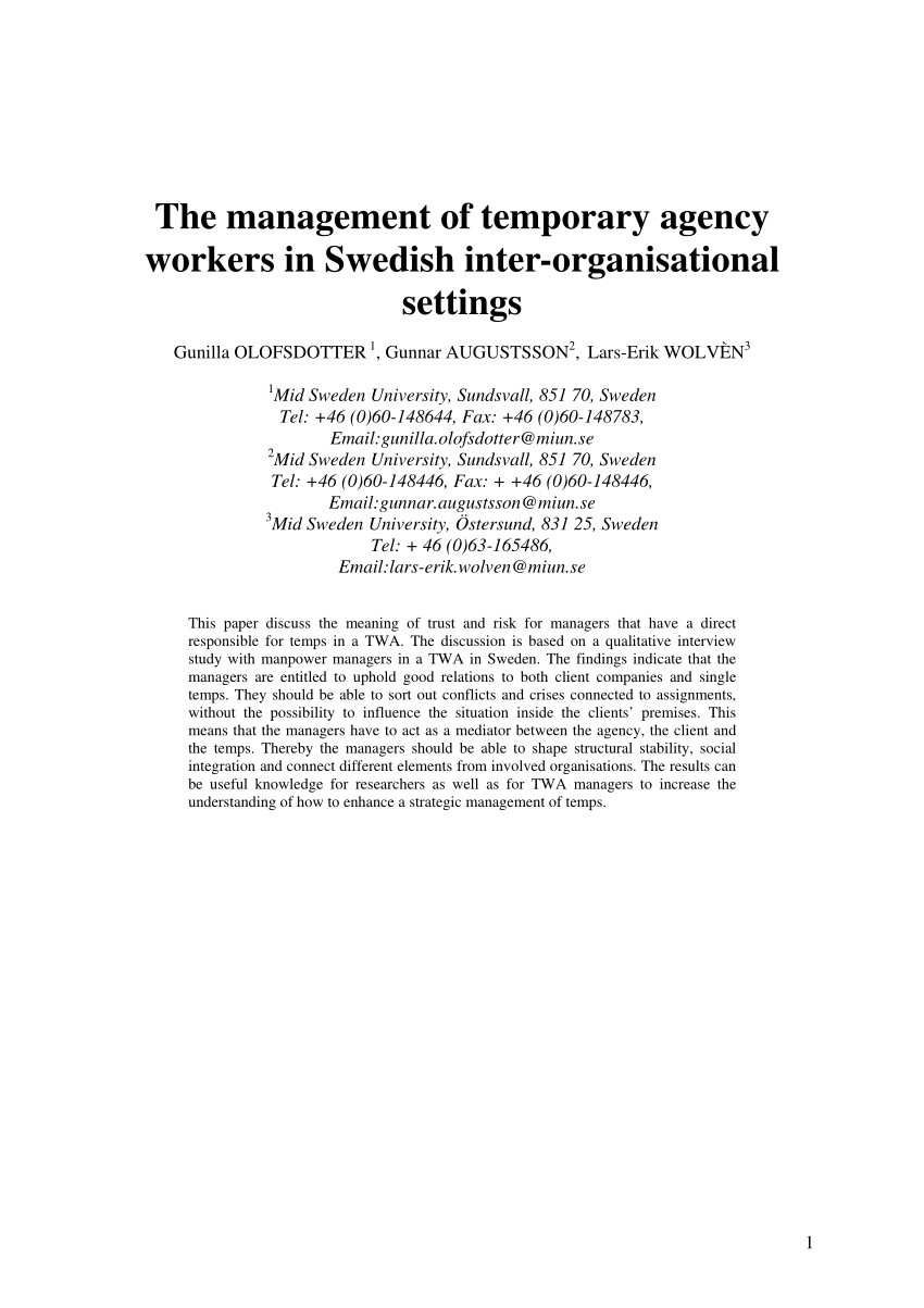 pdf the management of temporary agency workers in swedish inter organisational settings