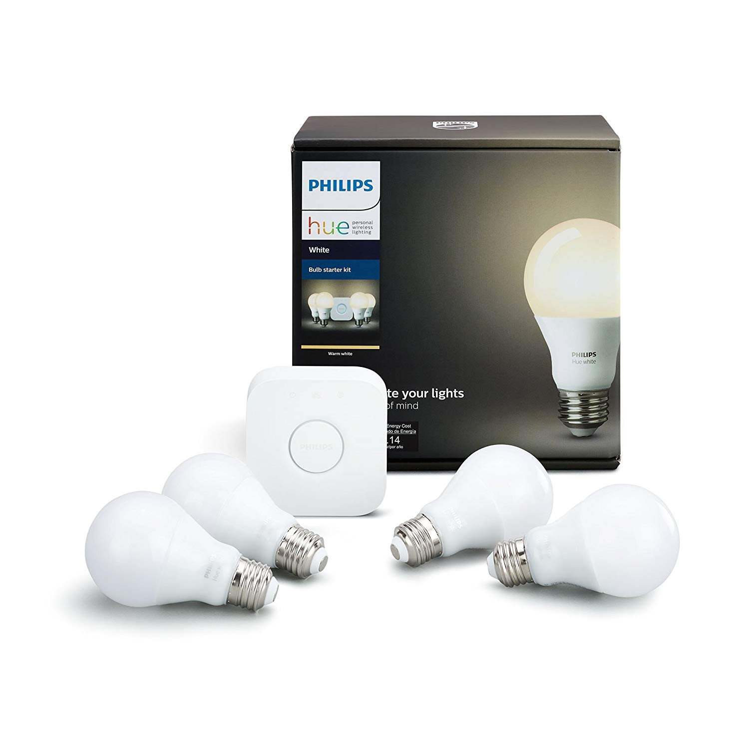 philips hue white a19 60w equivalent led smart bulb starter kit 4 a19 white bulbs and 1 hub compatible with amazon alexa apple homekit and google