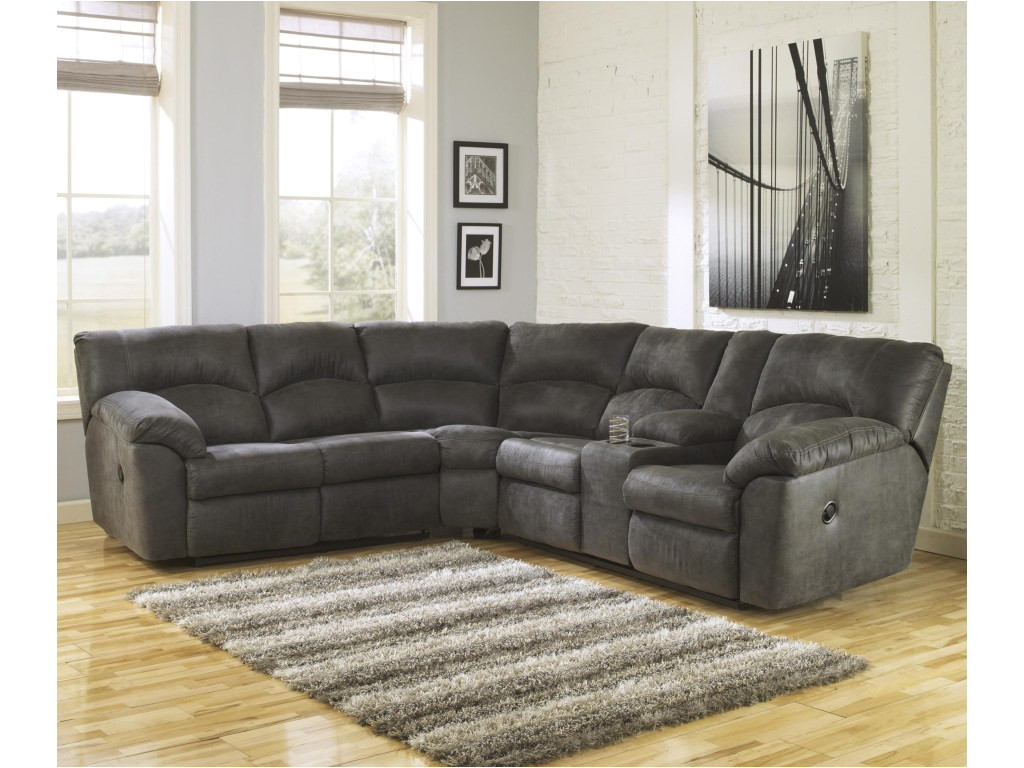 ashley signature design tambo pewter 2 piece reclining corner sectional with center console dunk bright furniture reclining sectional sofas