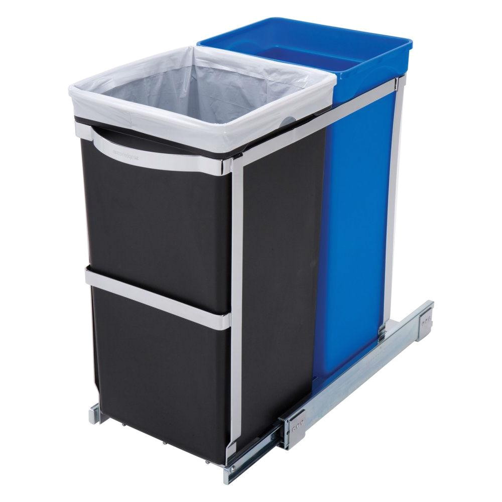 pull out blue recycle bin black trash can slides under kitchen counter