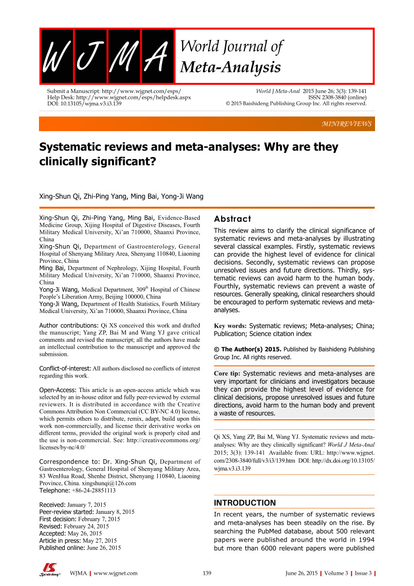 pdf systematic reviews and meta analyses why are they clinically significant