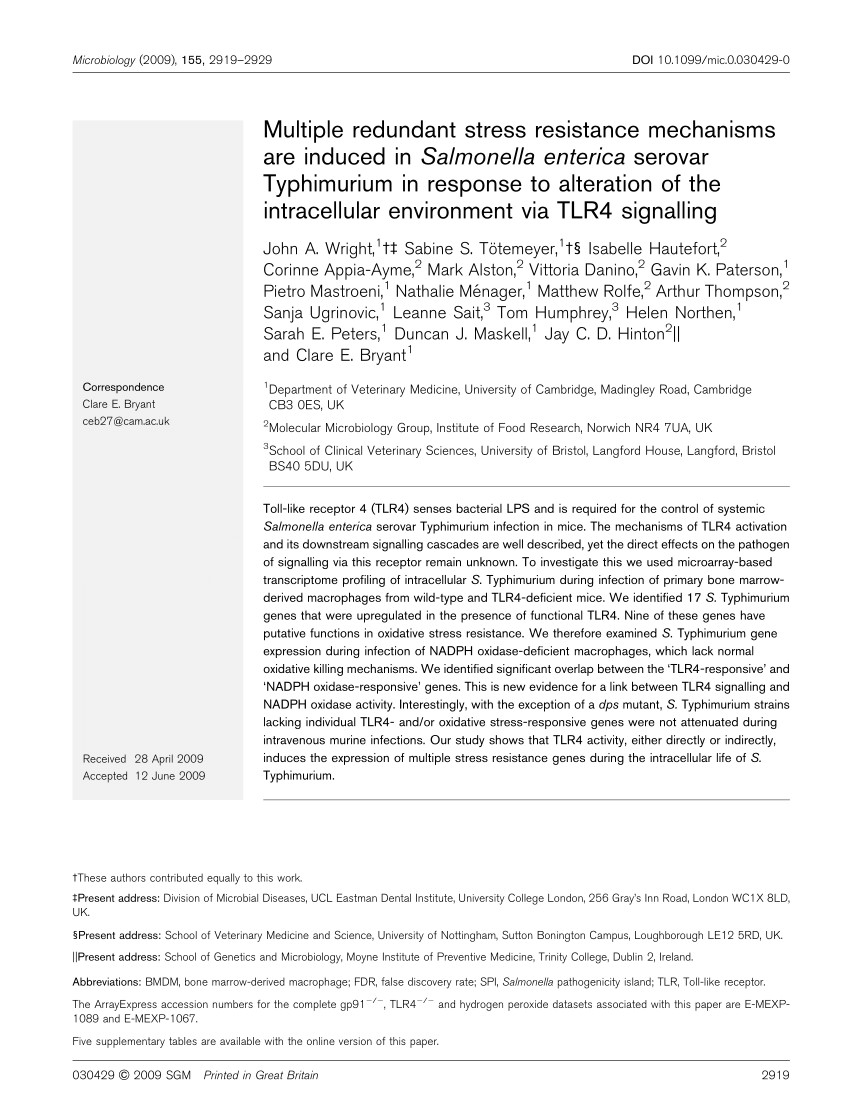 pdf multiple redundant stress resistance mechanisms are induced in salmonella enterica serovar typhimurium in response to alteration of the intracellular