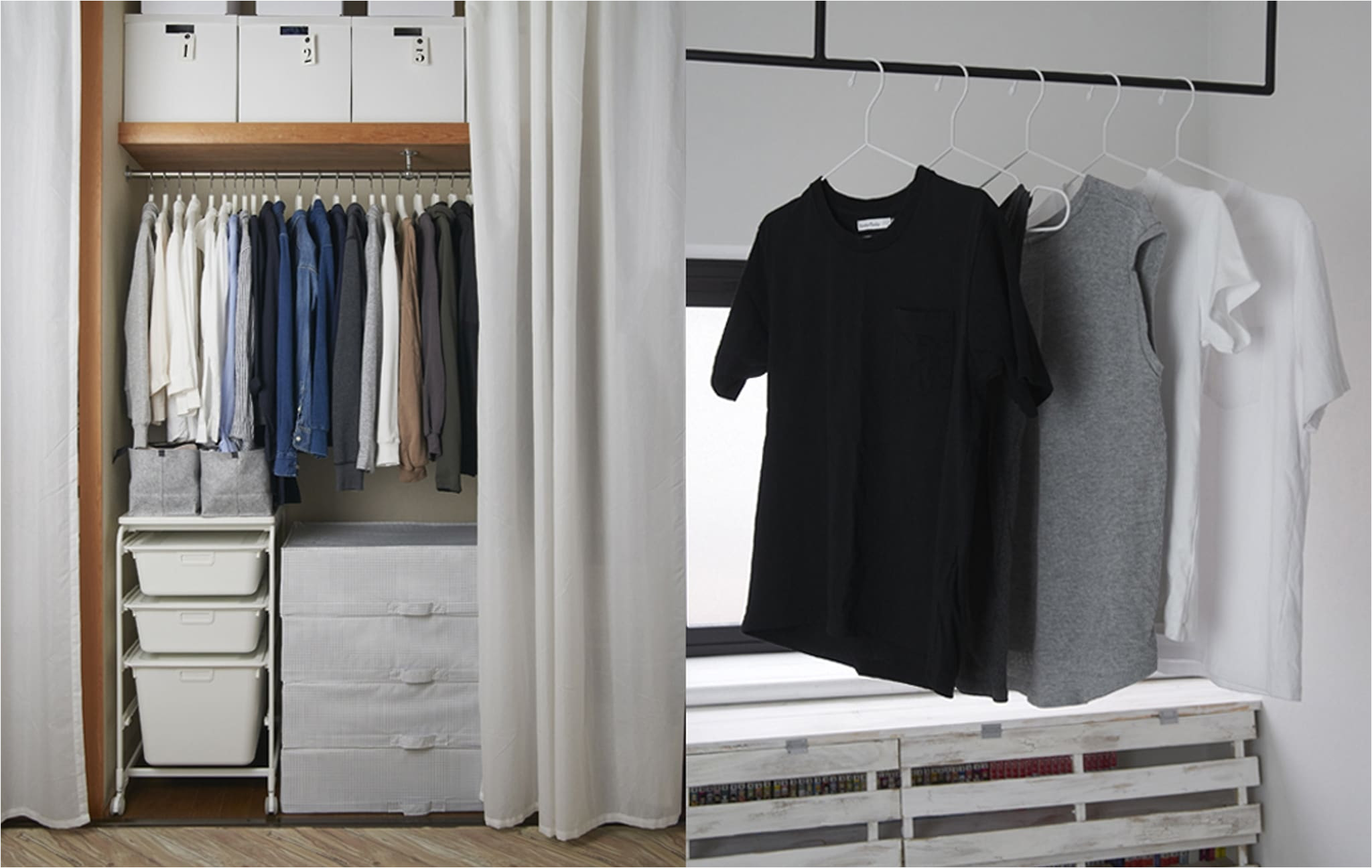 an open wardrobe in an alcove with clothes rail shelf and boxes and t