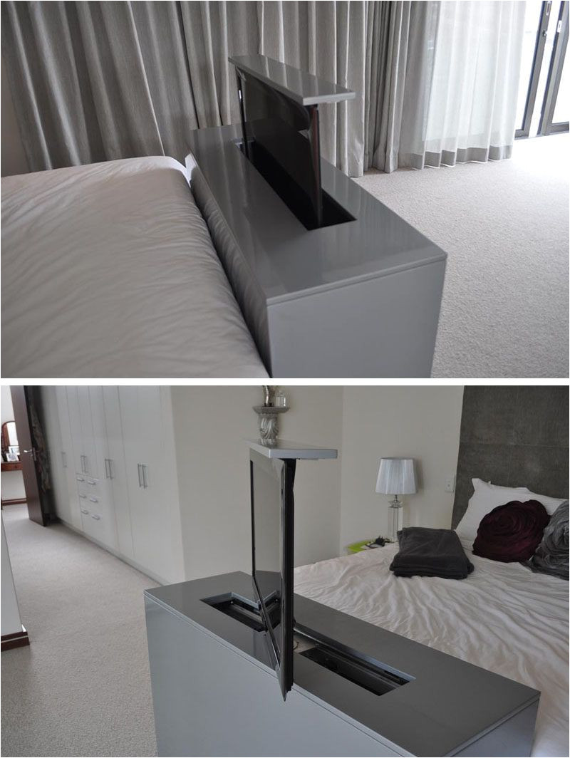 7 ideas for hiding a tv in a bedroom the tv built into the foot of this bed rises up and swivels to allow for bed viewing as well as viewing