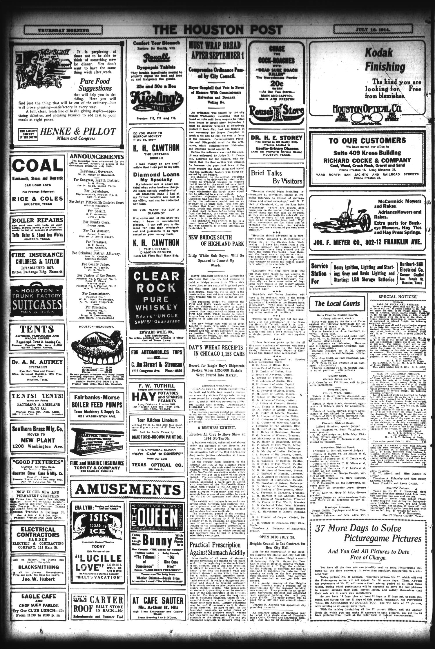 the houston post houston tex vol 29 no 103 ed 1 thursday july 16 1914 page 16 of 16 the portal to texas history