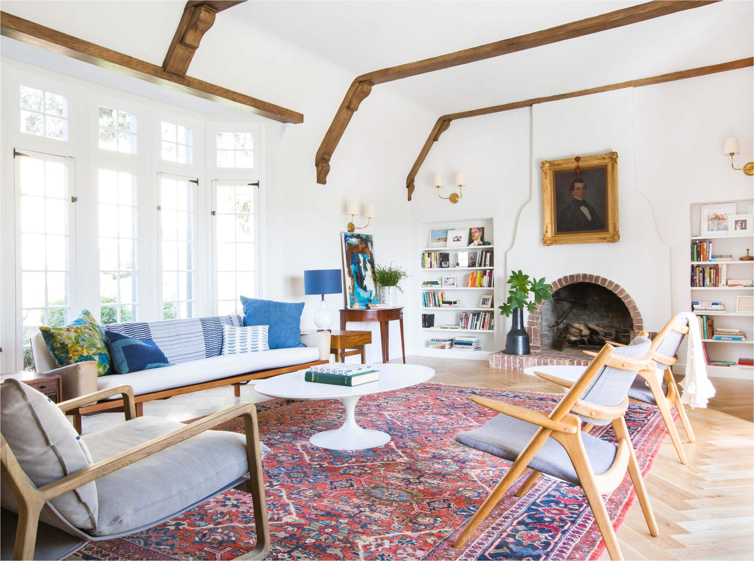 emily henderson home livingroom design wood naturally refinished beams 1