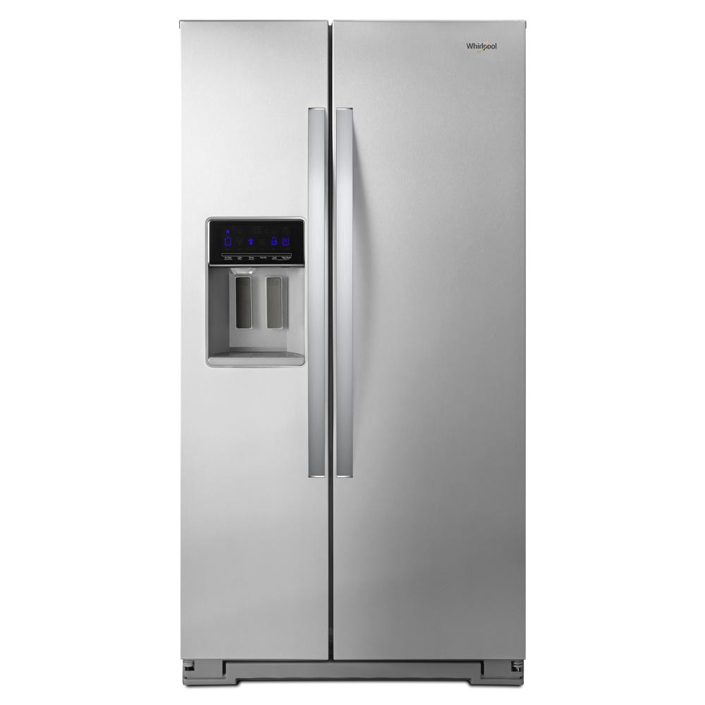 side by side refrigerator in fingerprint resistant stainless steel counter