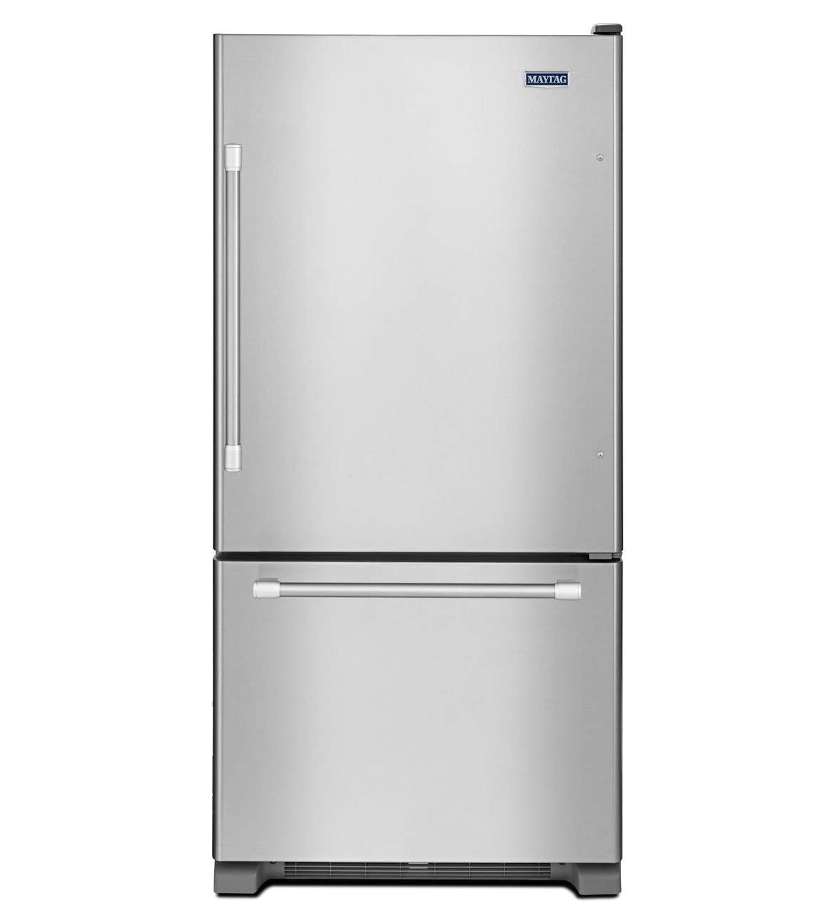 this bottom freezer refrigerator is tough enough to stand up to nearly any kitchen use and boasts strong stainless steel handles and is energy star rated to