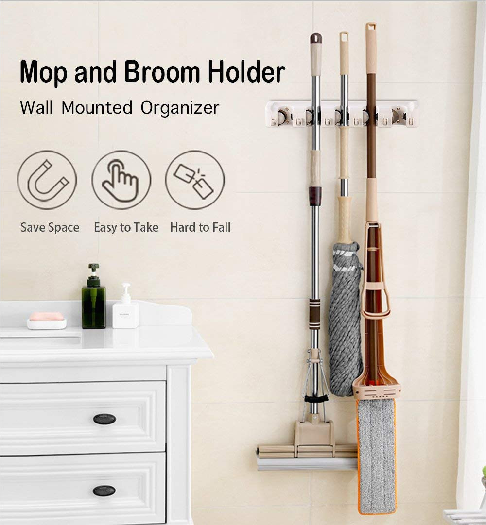 amazon com imillet mop and broom holder wall mounted organizer mop and broom storage tool rack with 5 ball slots and 6 hooks gray double pack home