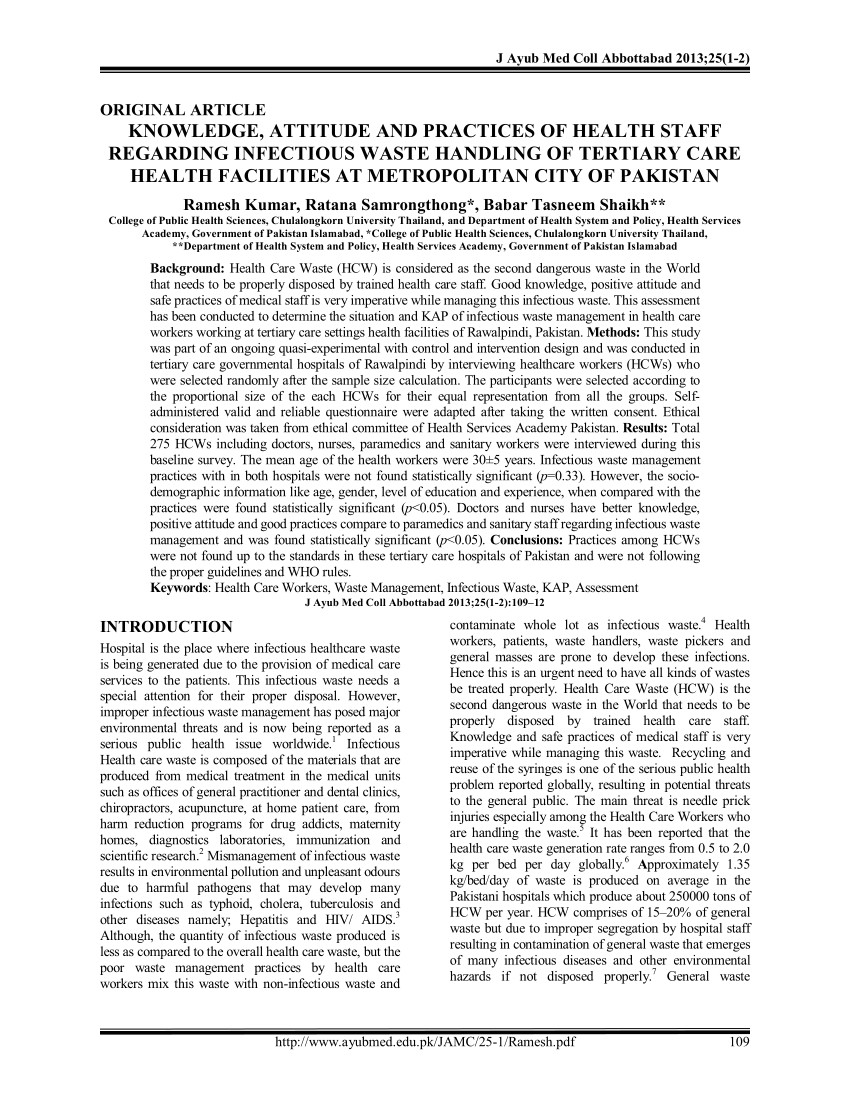 pdf knowledge attitude and practices of health staff regarding infectious waste handling of tertiary care health facilities at metropolitan city of