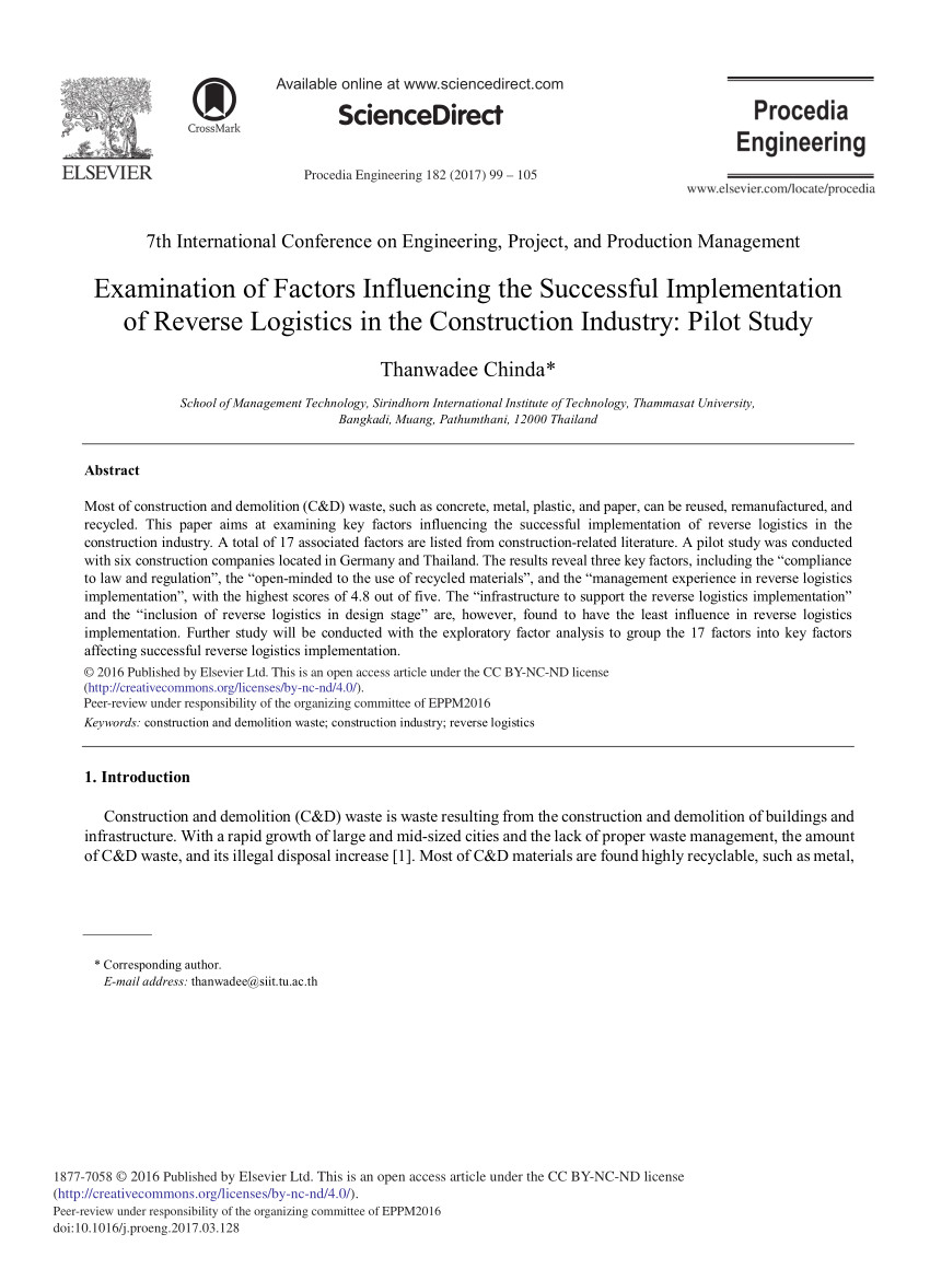 pdf examination of factors influencing the successful implementation of reverse logistics in the construction industry pilot study