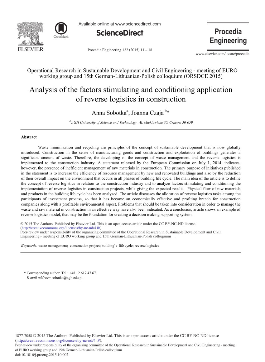 pdf examination of factors influencing the successful implementation of reverse logistics in the construction industry pilot study