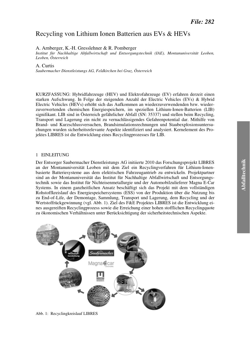 pdf recycling von lithium ionen batterien aus evs hevs