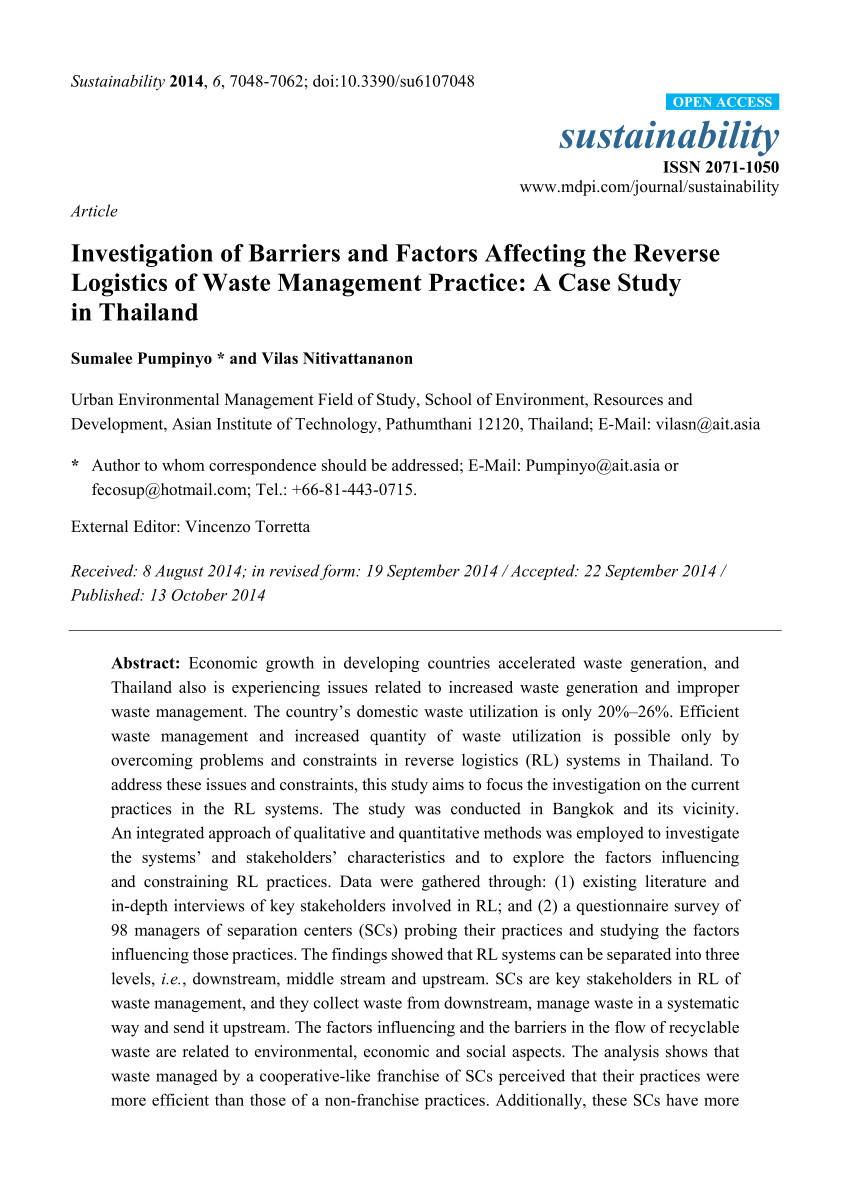 pdf examination of factors influencing the successful implementation of reverse logistics in the construction industry pilot study