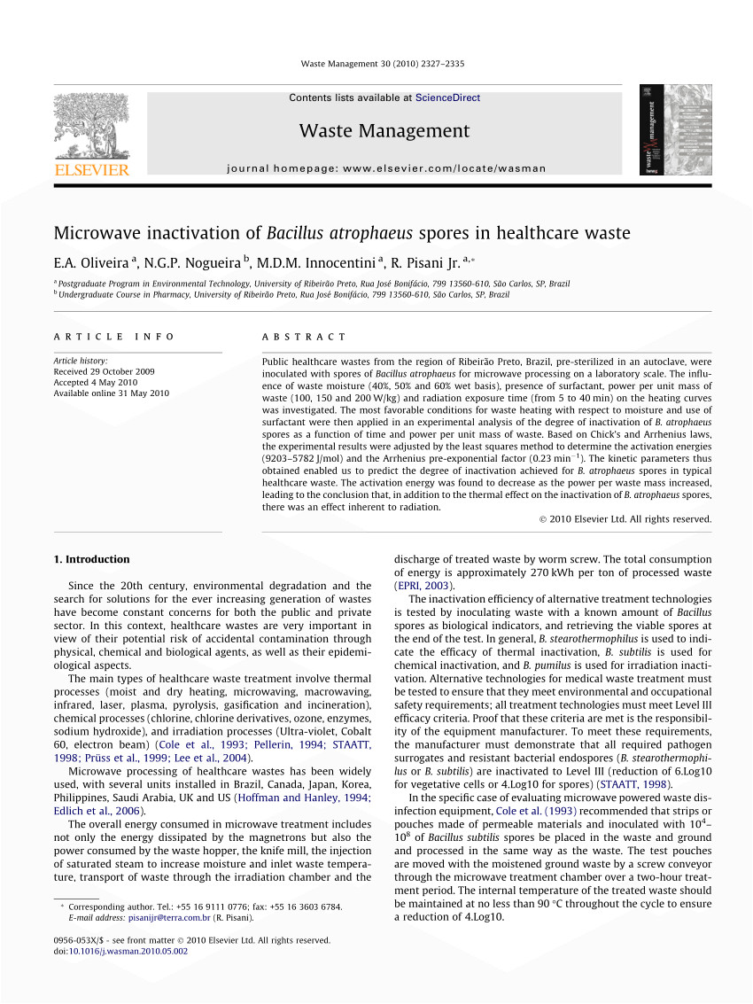 pdf treatment of clinical solid waste using a steam autoclave as a possible alternative technology to incineration