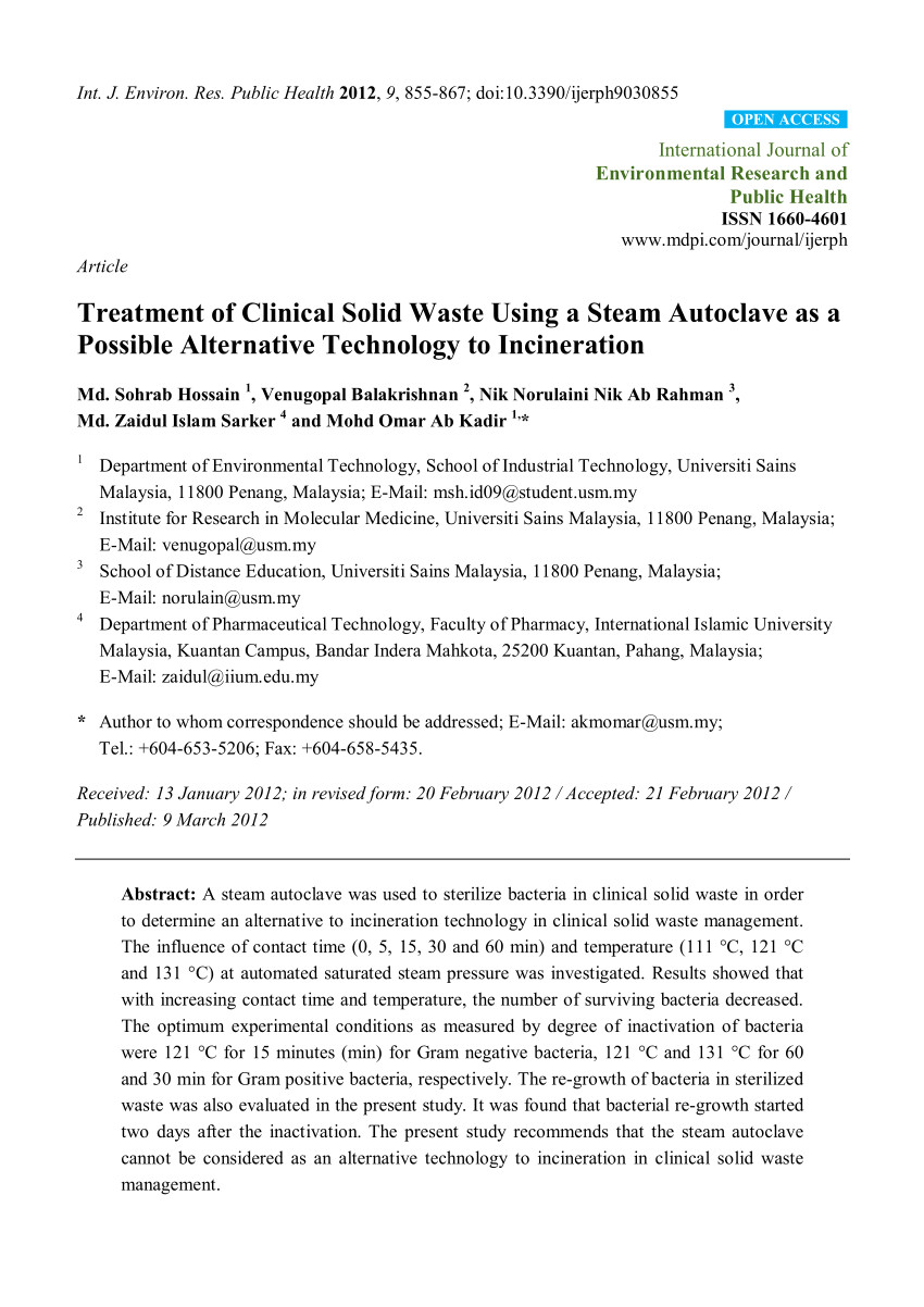 pdf treatment of clinical solid waste using a steam autoclave as a possible alternative technology to incineration