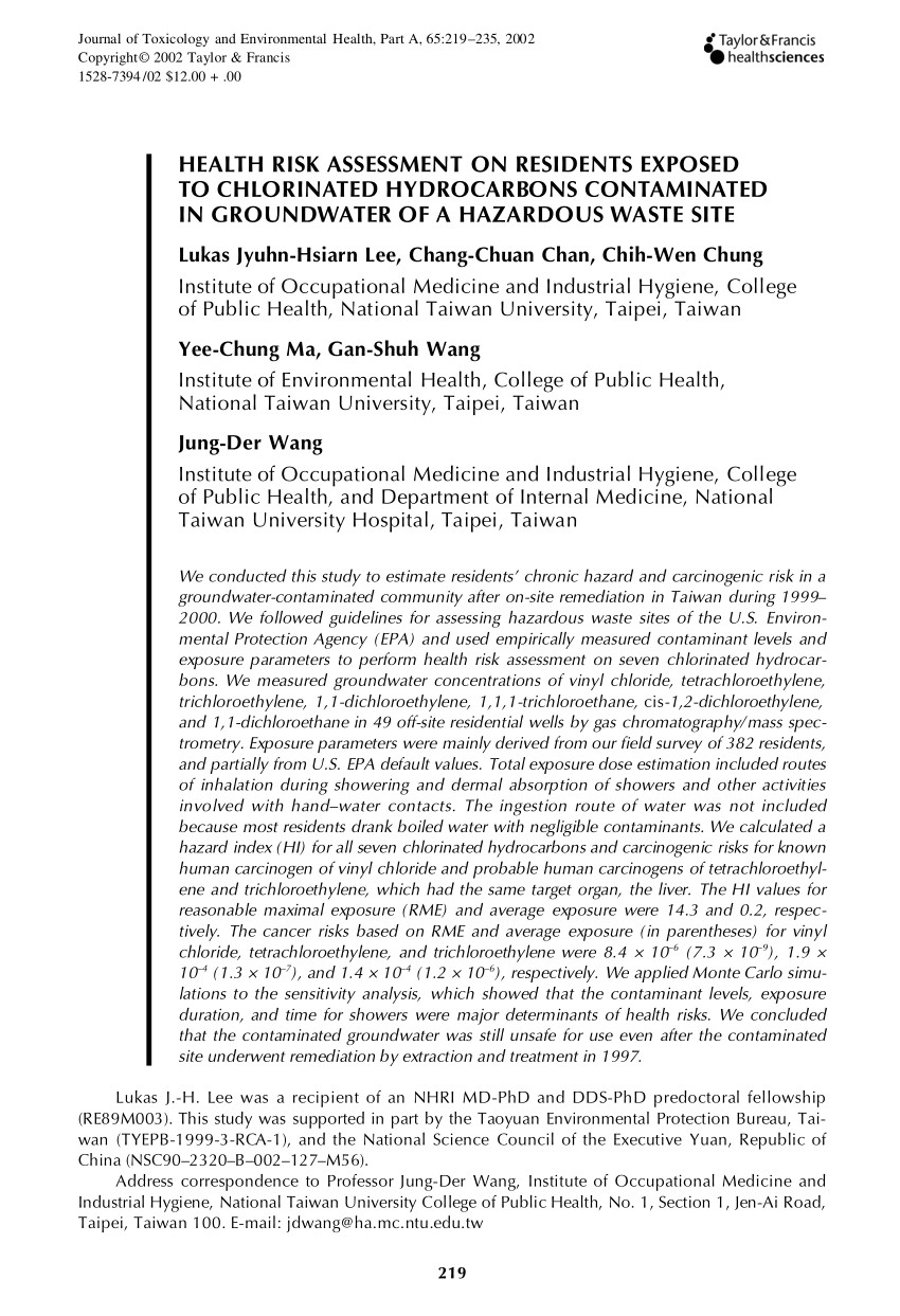 pdf health risk assessment on residents exposed to chlorinated hydrocarbons contaminated in groundwater of a hazardous waste site