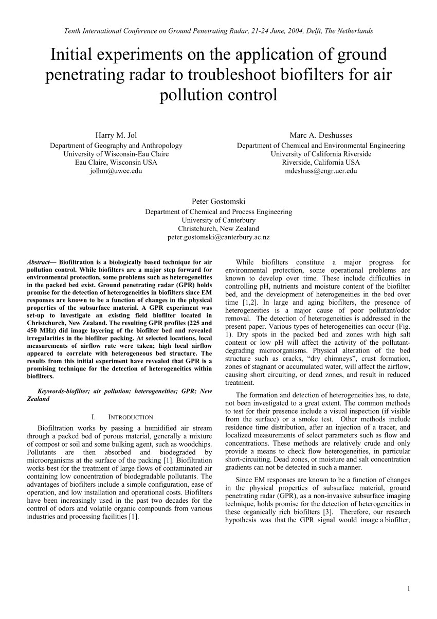 pdf initial experiments on the application of ground penetrating radar to troubleshoot biofilters for air pollution control