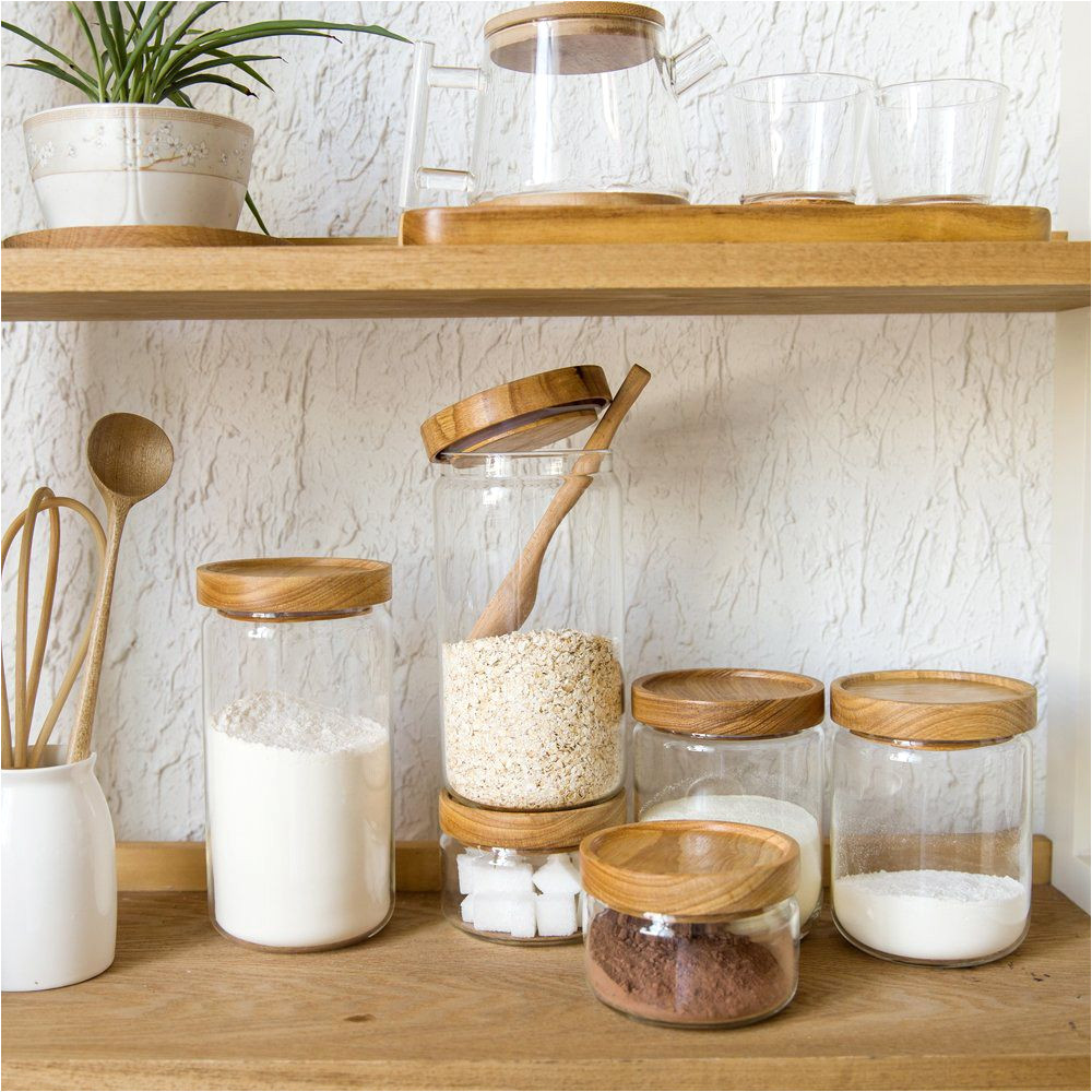 japan zakka style glass spice jar kitchen canisters cookie jars wooden lid 3 pieces spices storage