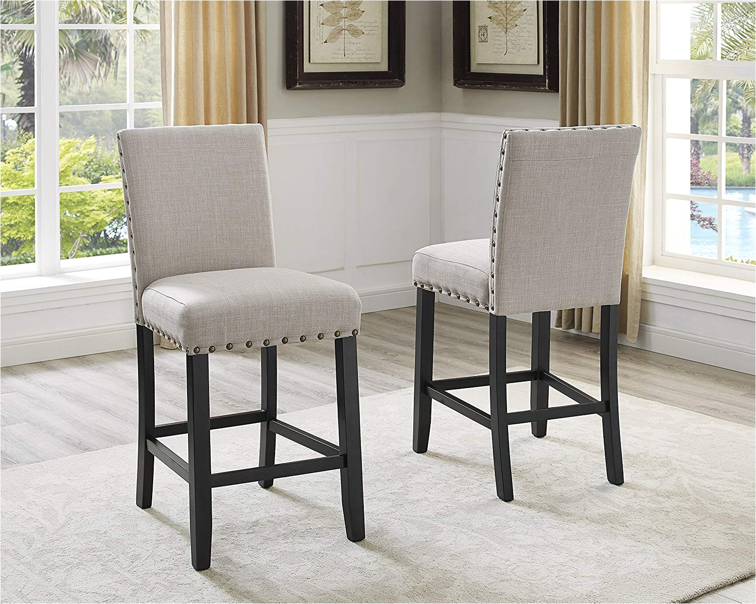 amazon com biony tan fabric counter height stools with nailhead trim set of 2 chairs
