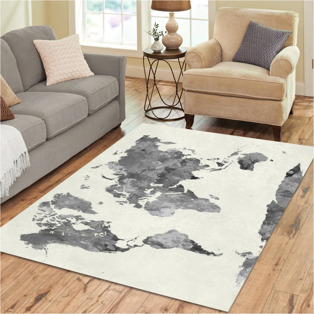 amazon com interestprint grey world map area rug floor mat 7 x 5 feet watercolor map of the world art throw rayon fiber carpet rugs for home living