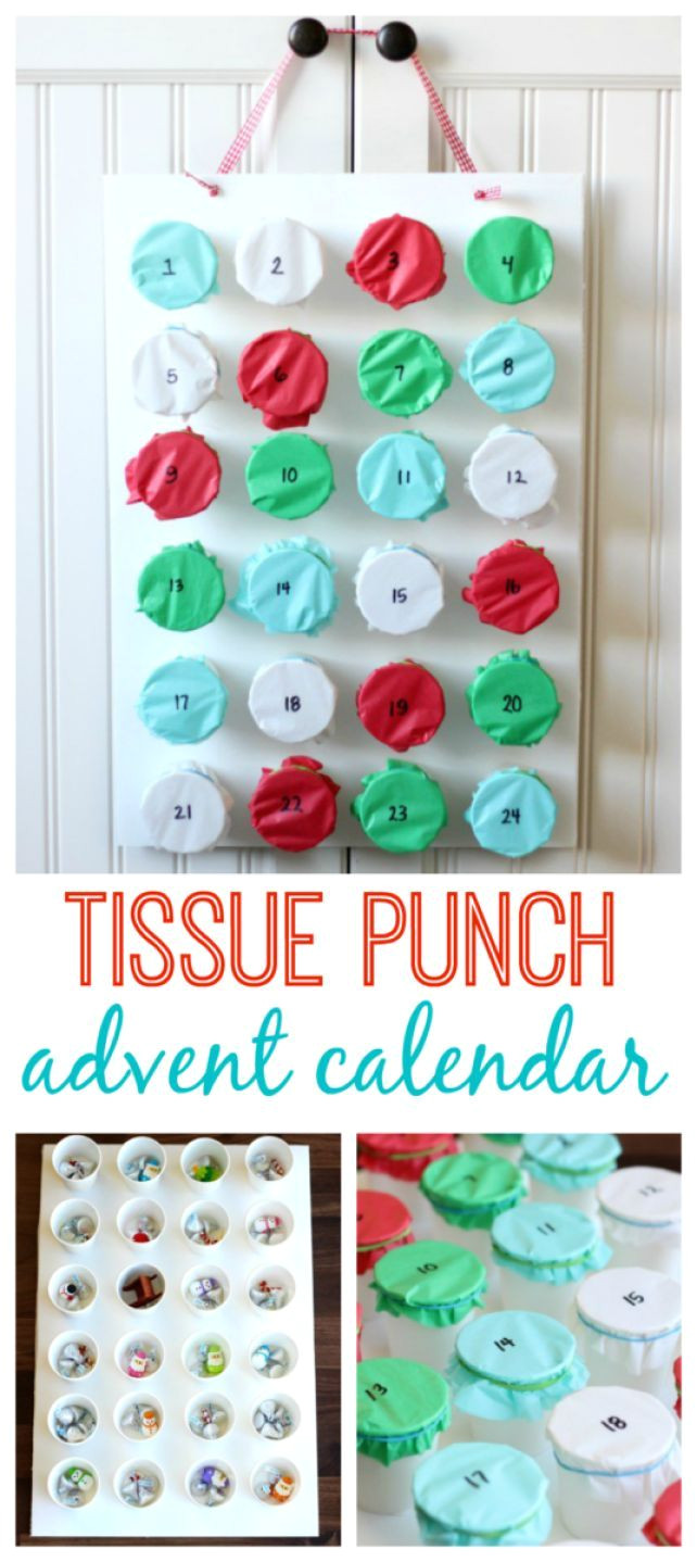 a simple diy advent calendar made from paper cups and tissue paper kids can break open the tissue each day to find the surprise inside
