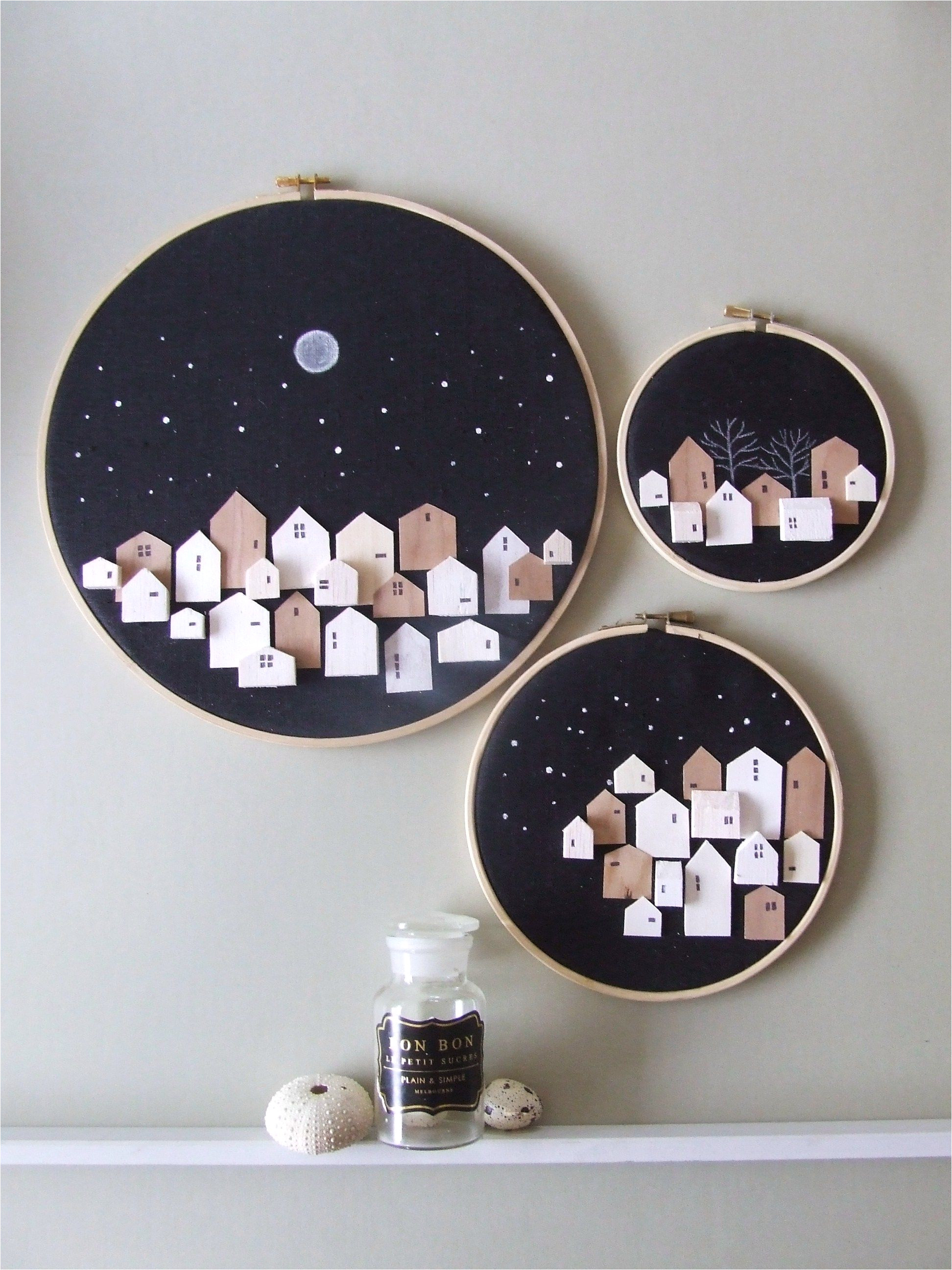 advent calendar made of stars set of 3 tiny wooden houses on hoop neutral wall art decor