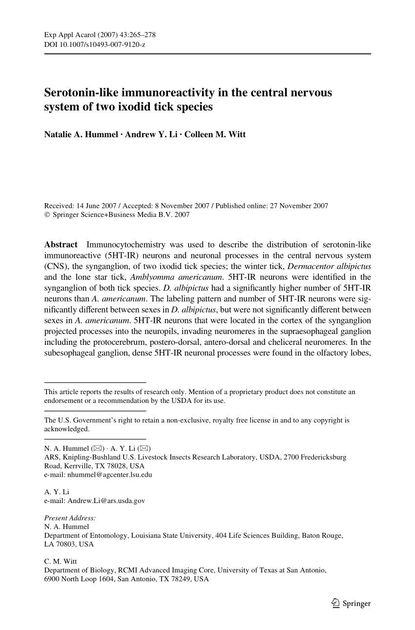 pdf serotonin like immunoreactivity in the central nervous system of two ixodid tick species