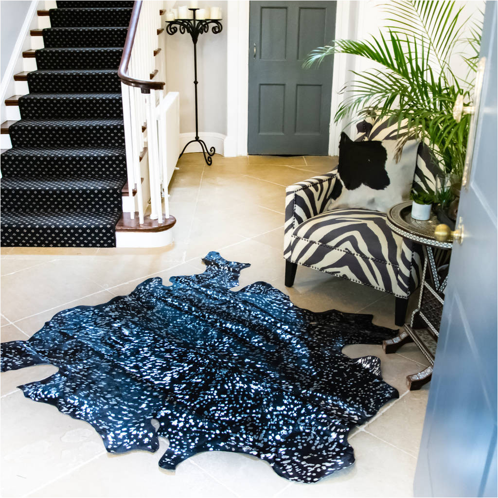 black and silver metallic natural cowhide rug