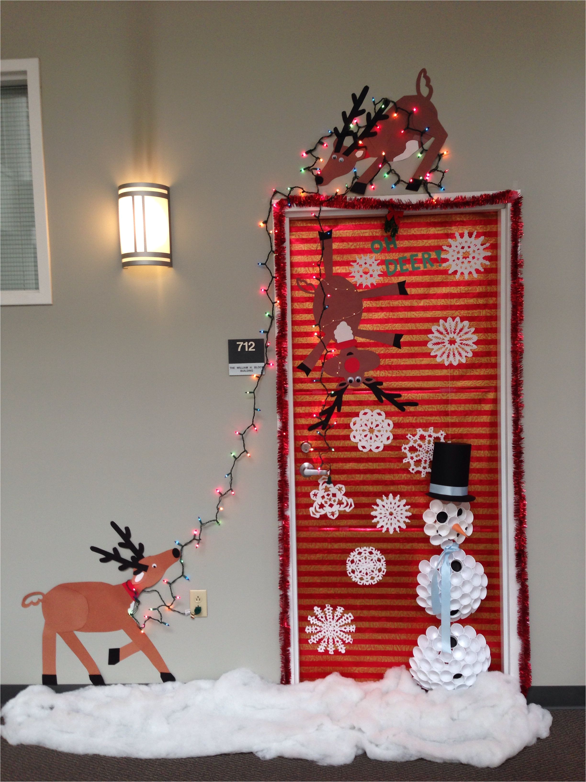 our christmas door decoration first place made snowman with dixie cups reindeer from construction paper snow from sewing fluff