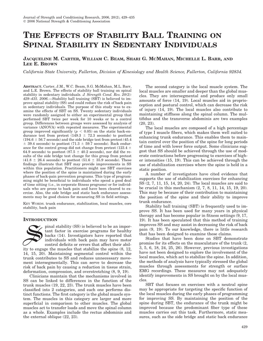 pdf the effects of stability ball training on spinal stability in sedentary individuals