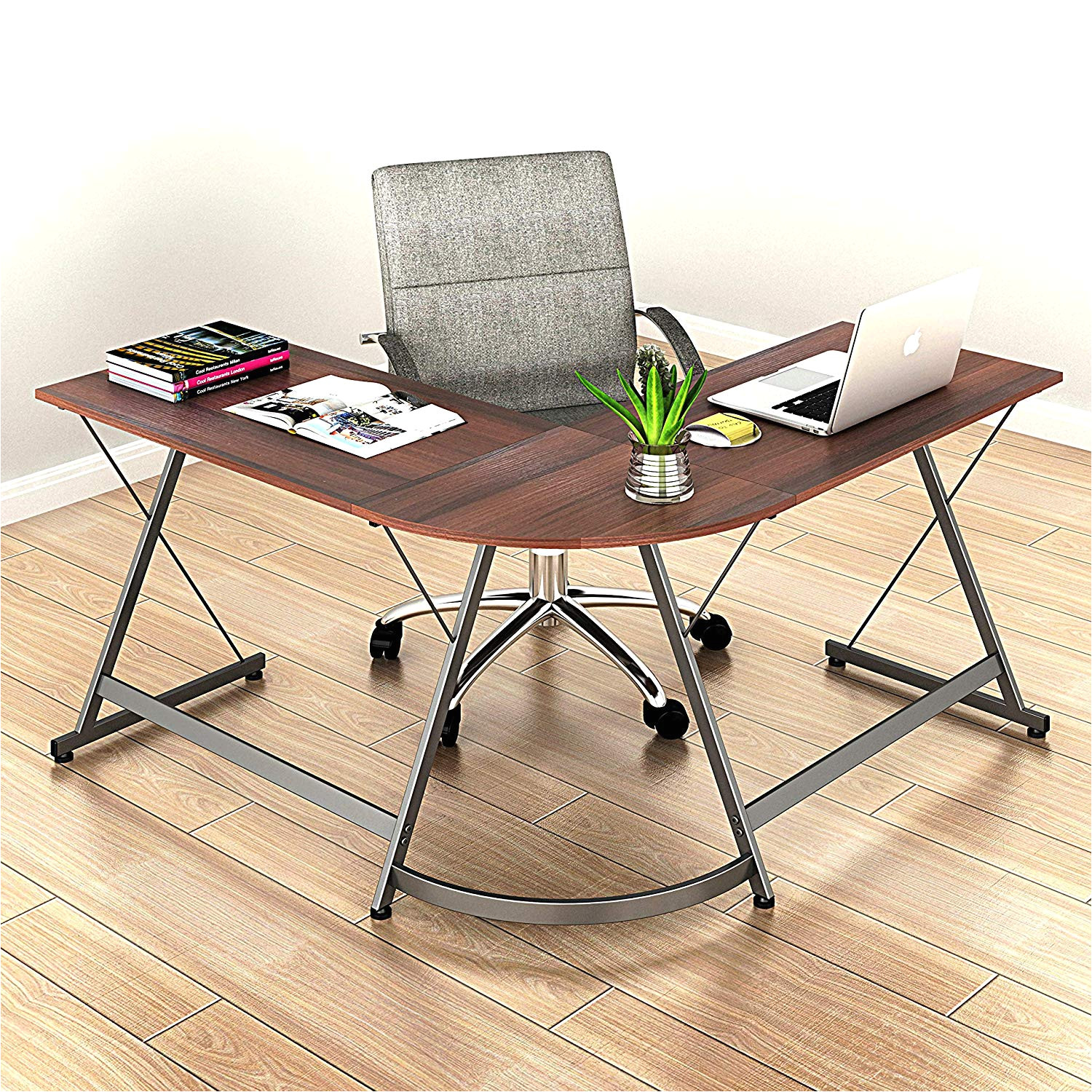 amazon com shw l shaped home office corner desk wood top walnut kitchen dining