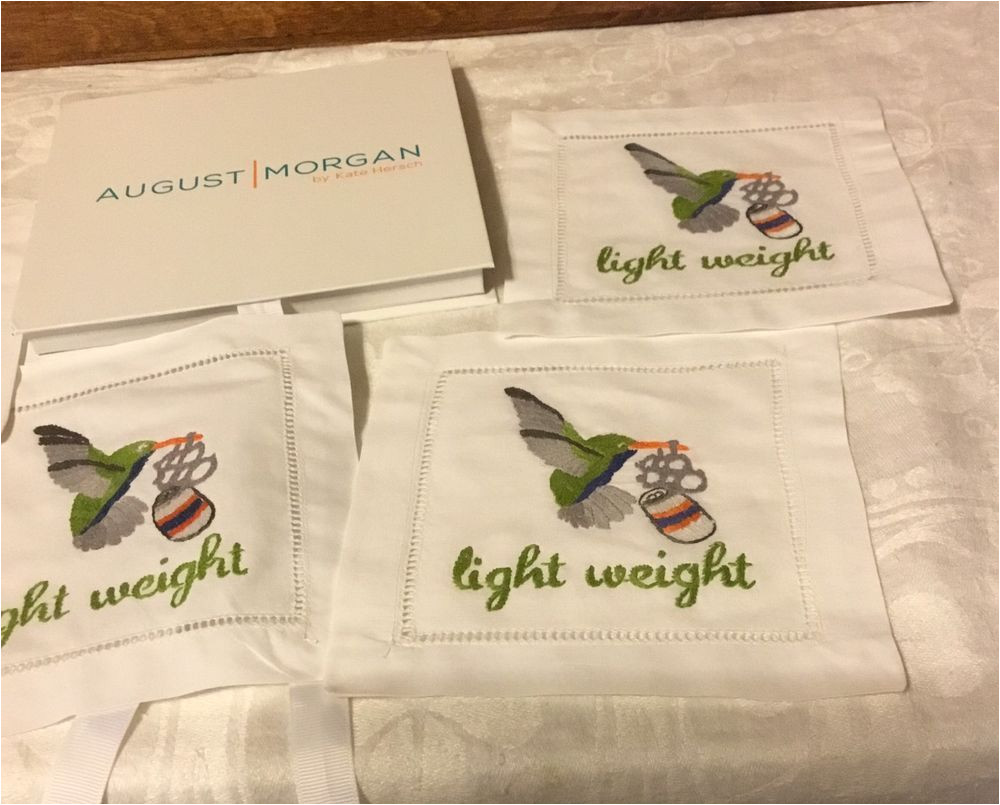 August Morgan Cocktail Napkins Set 4 Light Weight Hummingbird Hand Embroidered Cocktail Napkins