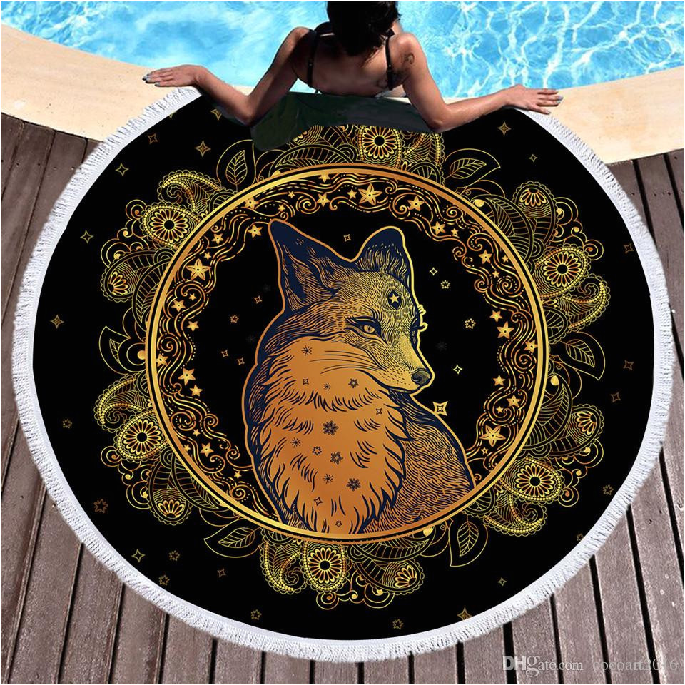 golden fox round beach towel microfiber animal stars leaves flowers bath towel tassels paisley picnic mat toallas bath sheet hand towel from cocoart2016