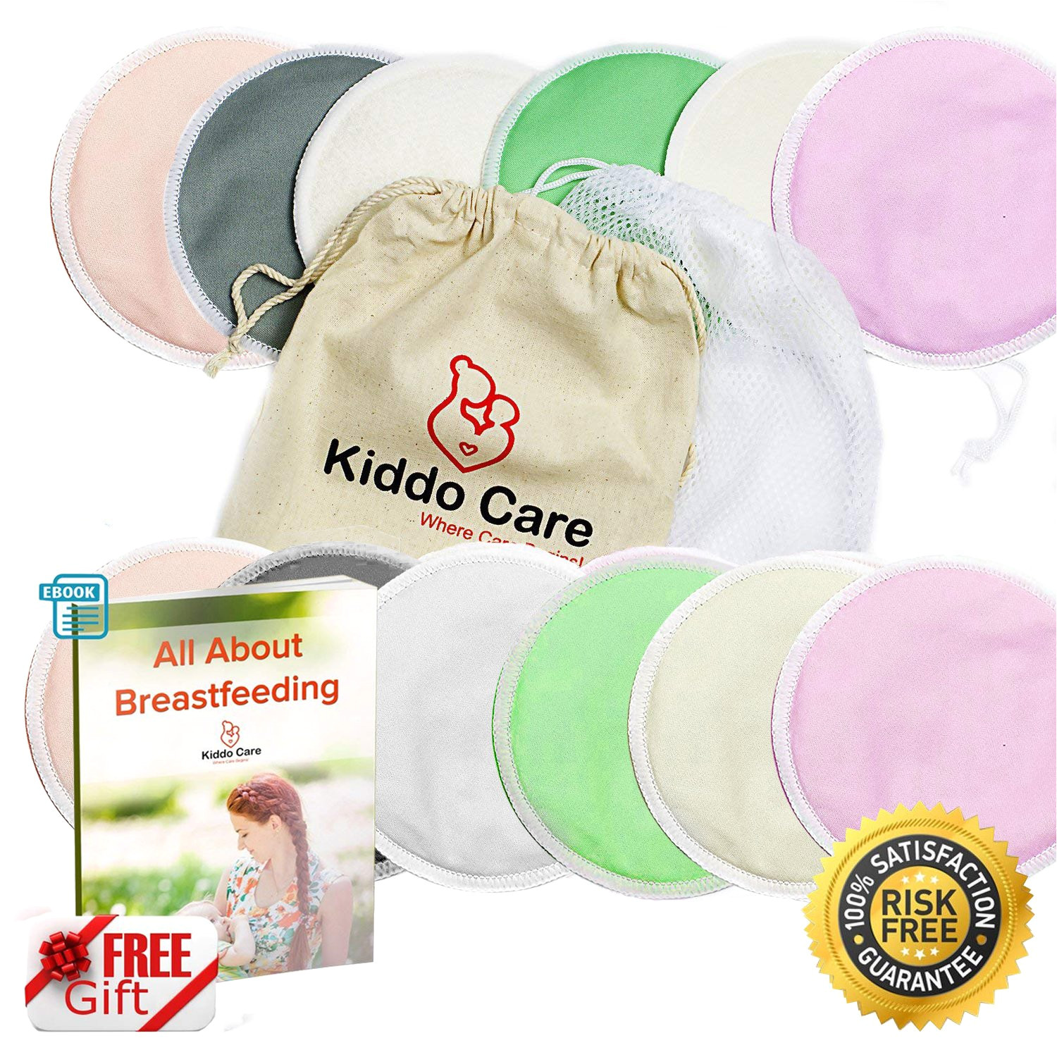 kiddo care washable organic bamboo nursing pads 12 pack colored 6 pairs reusable breast pads bra pads leakproof ultra soft waterproof