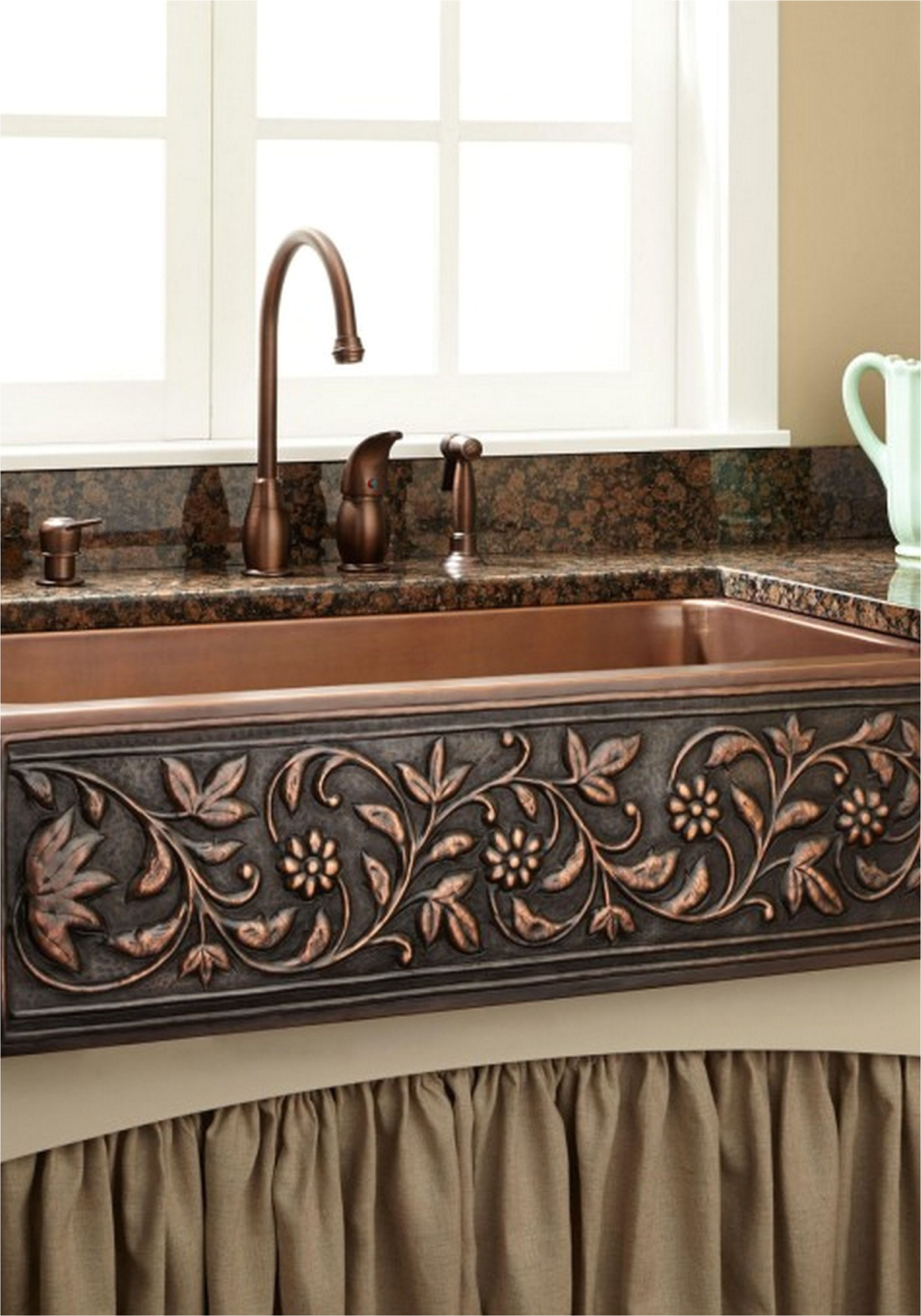 add a touch of natural beauty to your kitchen with this copper farmhouse sink pair it with a rustic kitchen faucet for a shabby chic style that will