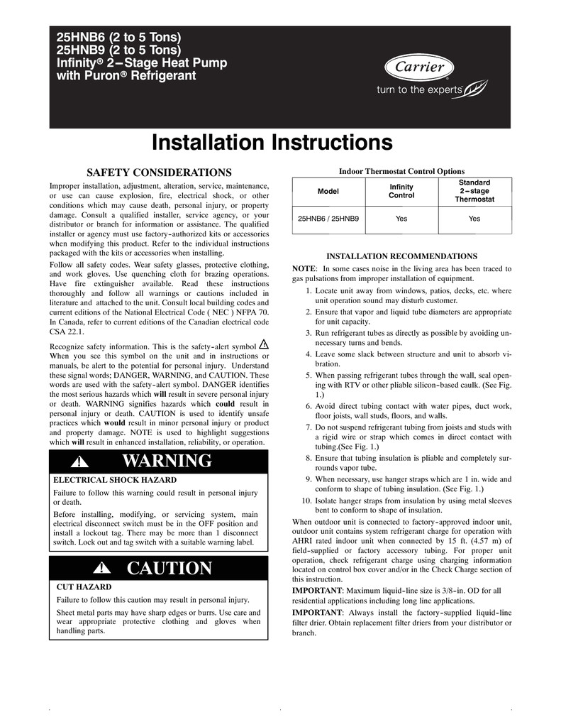 installation instructions 25hnb6 2 to 5 tons 25hnb9 2 to 5 tons infinity manualzz com