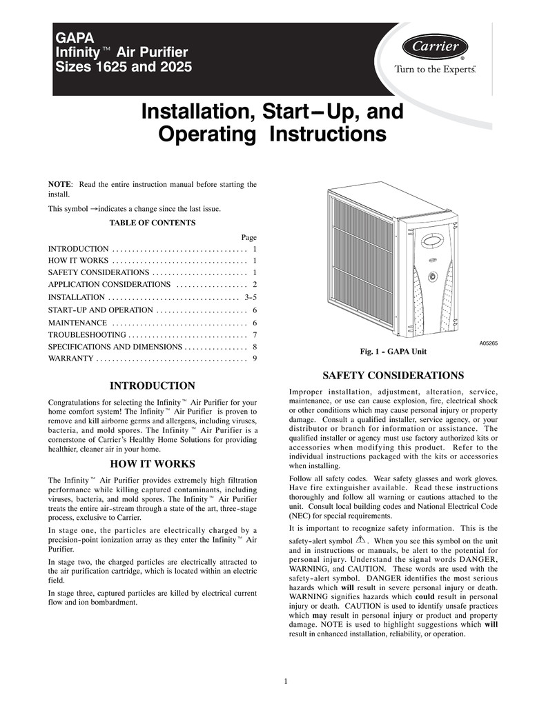 Carrier Infinity thermostat Operating Manual Carrier 1625 Air Cleaner User Manual Manualzz Com