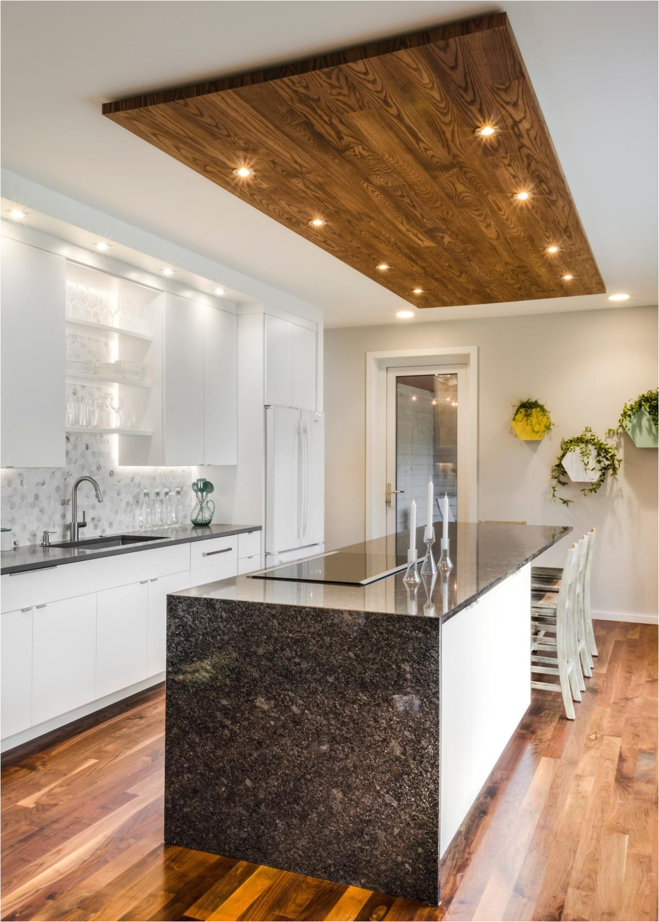 Ceiling Mounted Recessed Kitchen Vents White Kitchen with Feature Wood Ceiling Detail Above island with