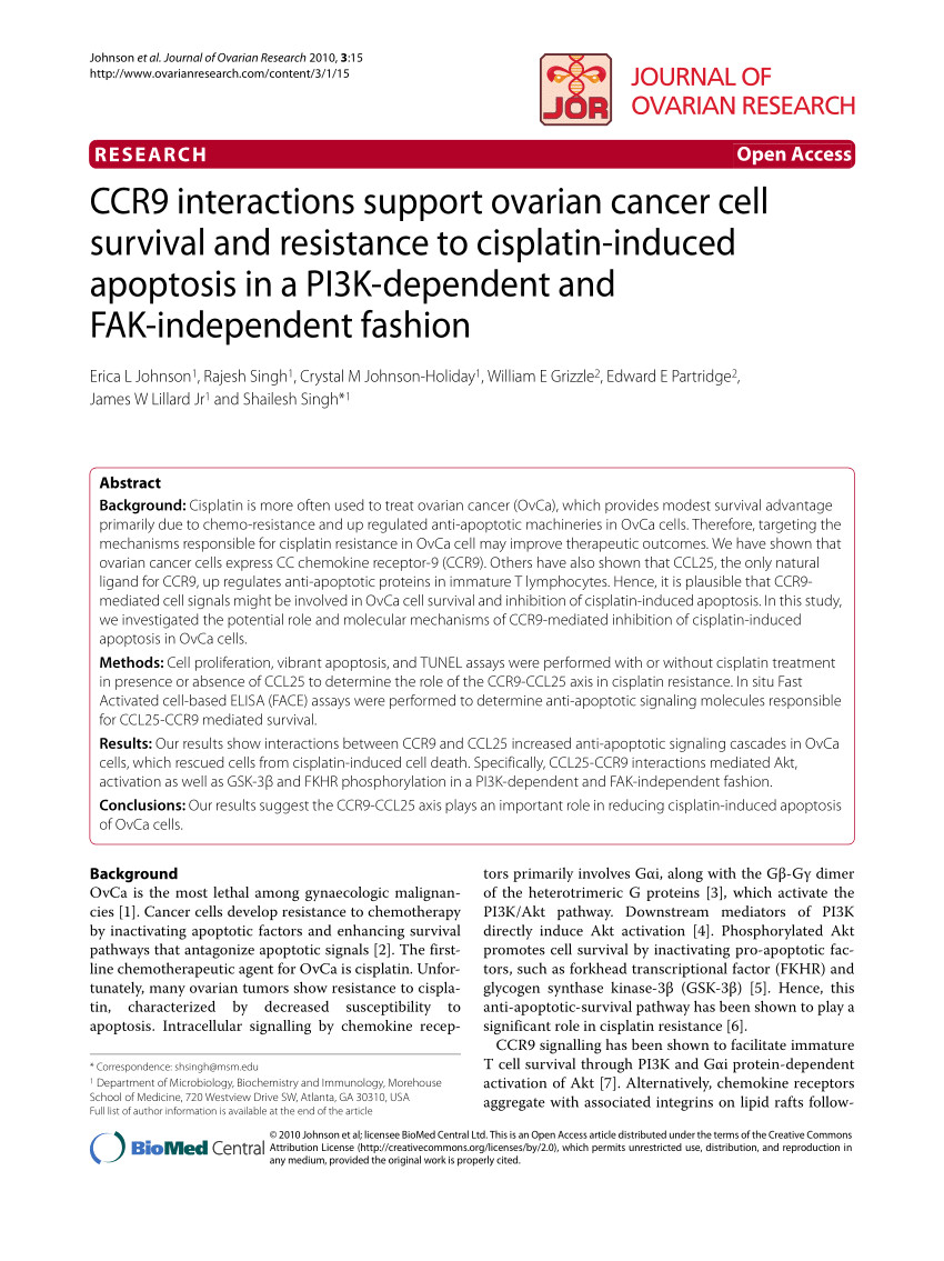 pdf ccr9 interactions support ovarian cancer cell survival and resistance to cisplatin induced apoptosis in a pi3k dependent and fak independent fashion