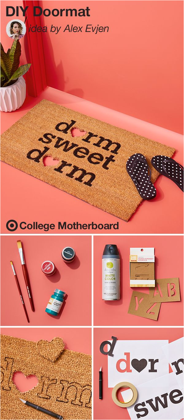 help your college student make a fun first impression with this clever diy from mom pinner alex evjen all you need is a plain doormat a stencil and