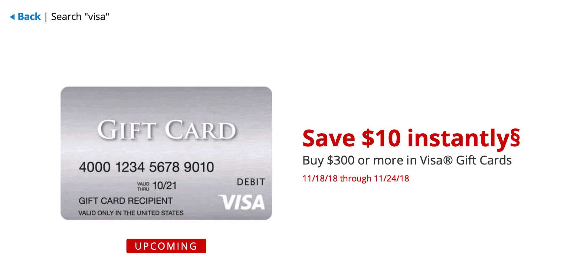 get a 10 instant discount on the purchase of 300 in visa gift cards